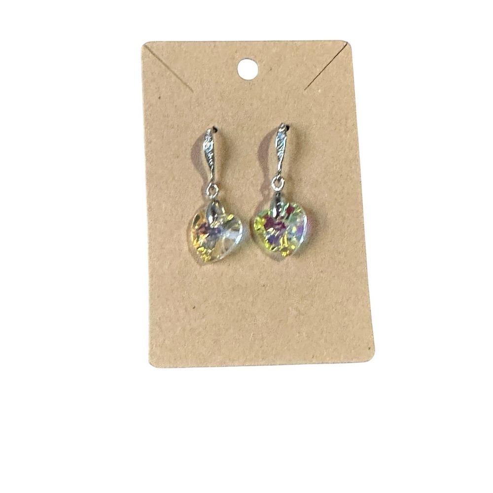 Crystal Heart Drop Earrings‎ Aurora Borealis Iridescent Silver Tone Leverback